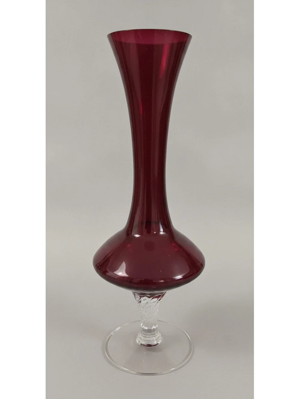 Vintage Mid-Century Ruby Red Art Glass Bud Vase w/ Twisted Stem 8" - Picture 1 of 4